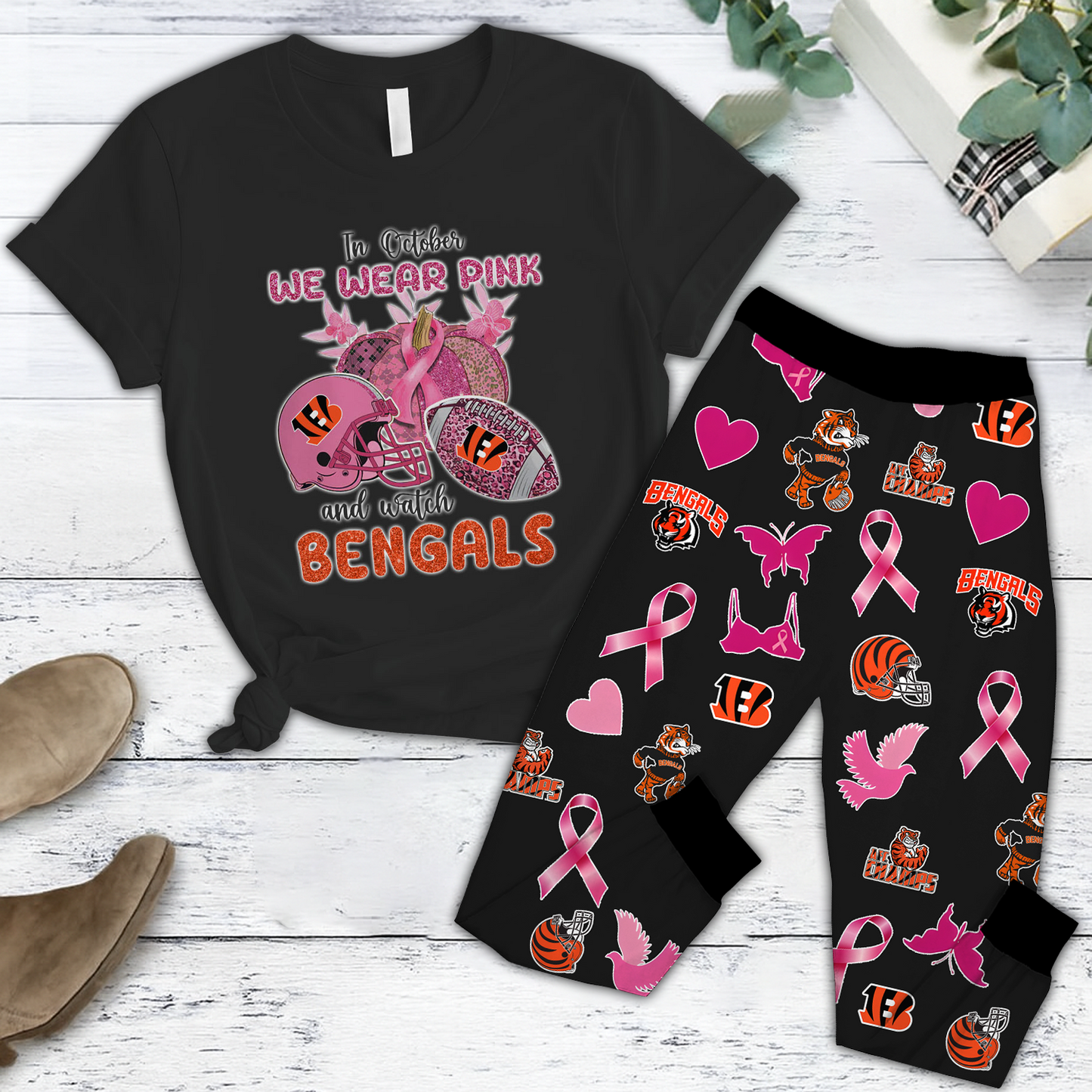 In October We Wear Pink And Watch CIN NFL Pajamas Set DatND DVT