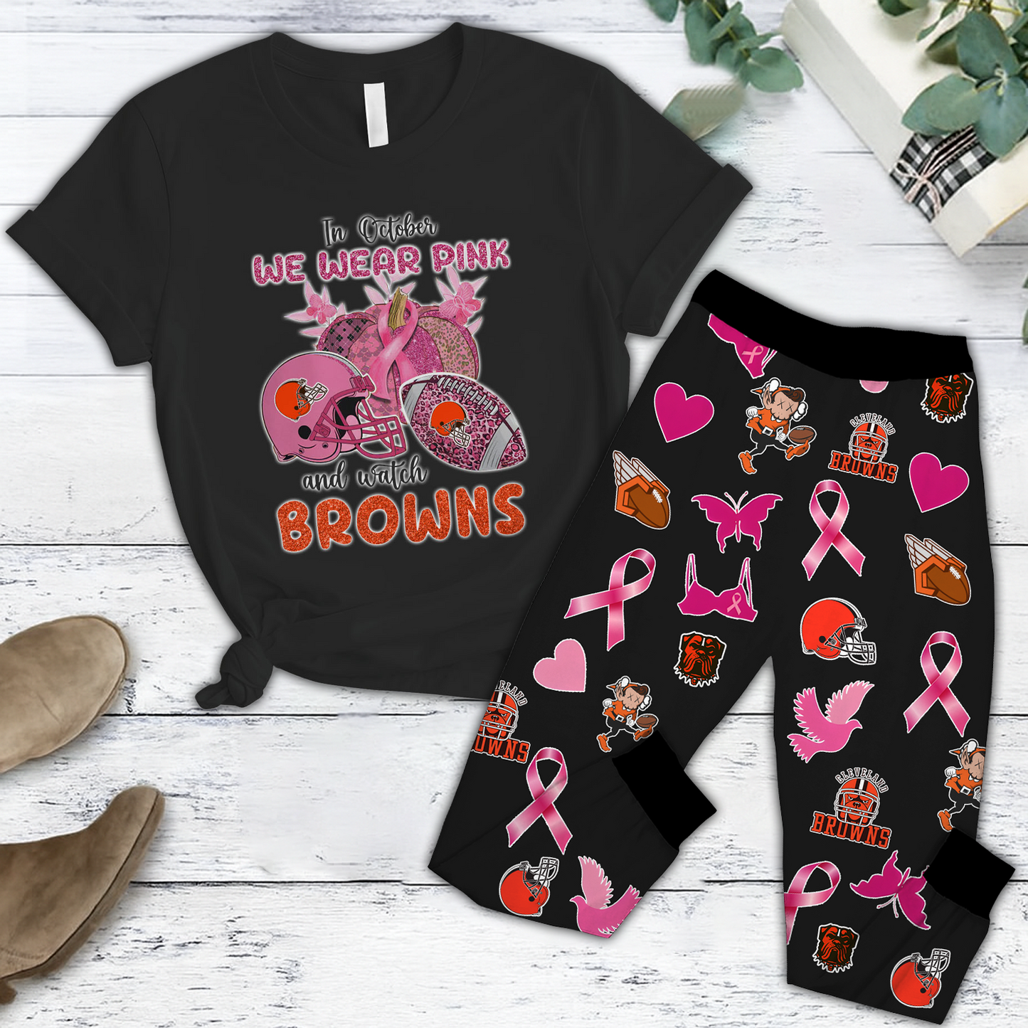 In October We Wear Pink And Watch CLE NFL Pajamas Set DatND DVT