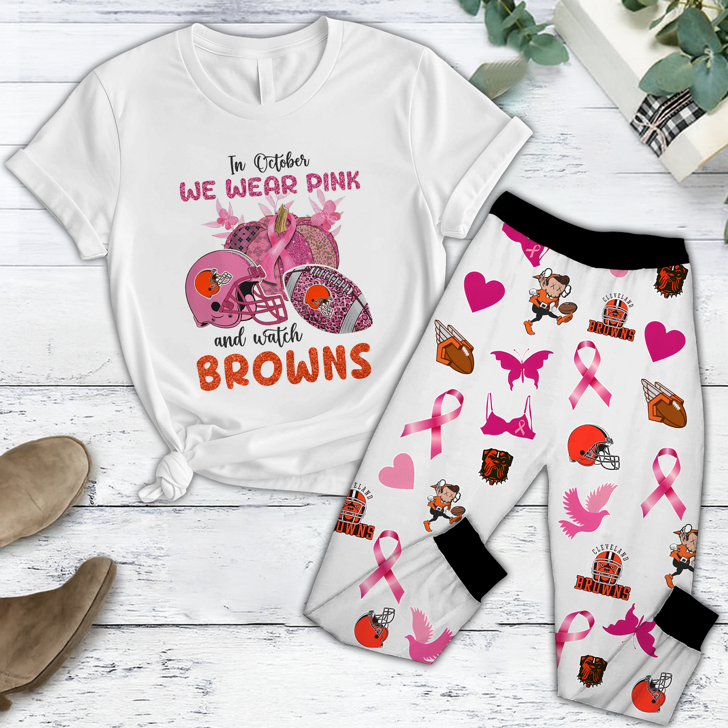 In October We Wear Pink And Watch CLE NFL Pajamas Set DatND DVT