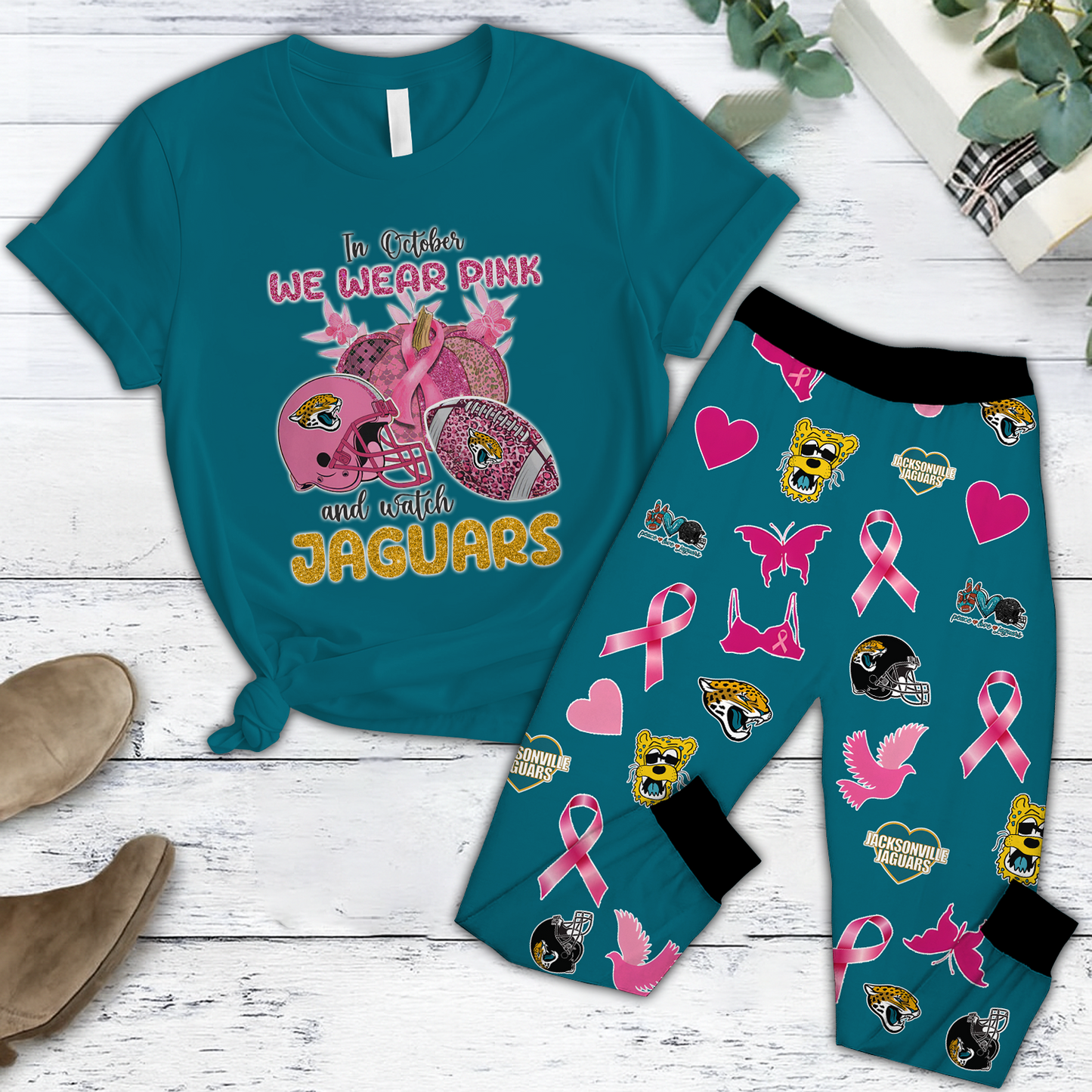 In October We Wear Pink And Watch JAC NFL Pajamas Set DatND DVT