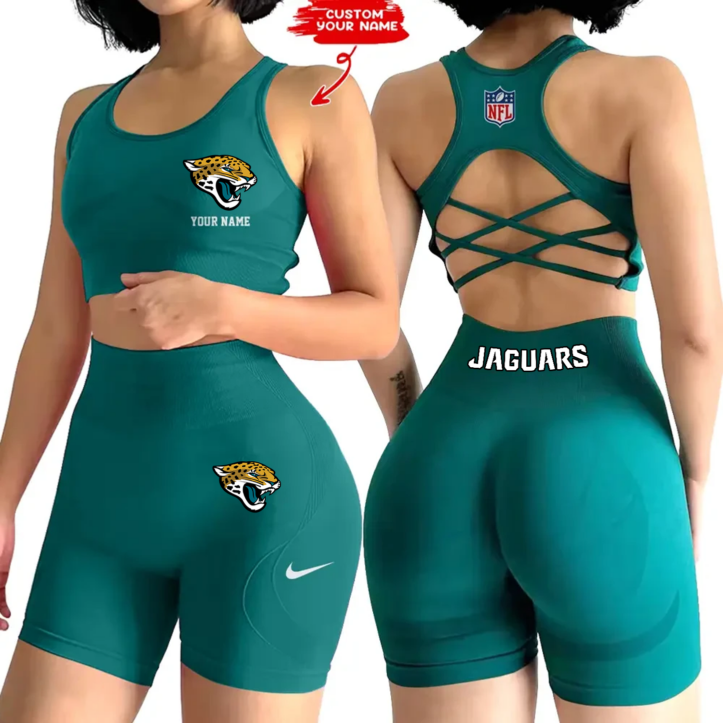 JAC x NFL 2-PCS Women's Seamless Yoga Set Sexy Sport Bra High Waist Sports Shorts DATND TANTD