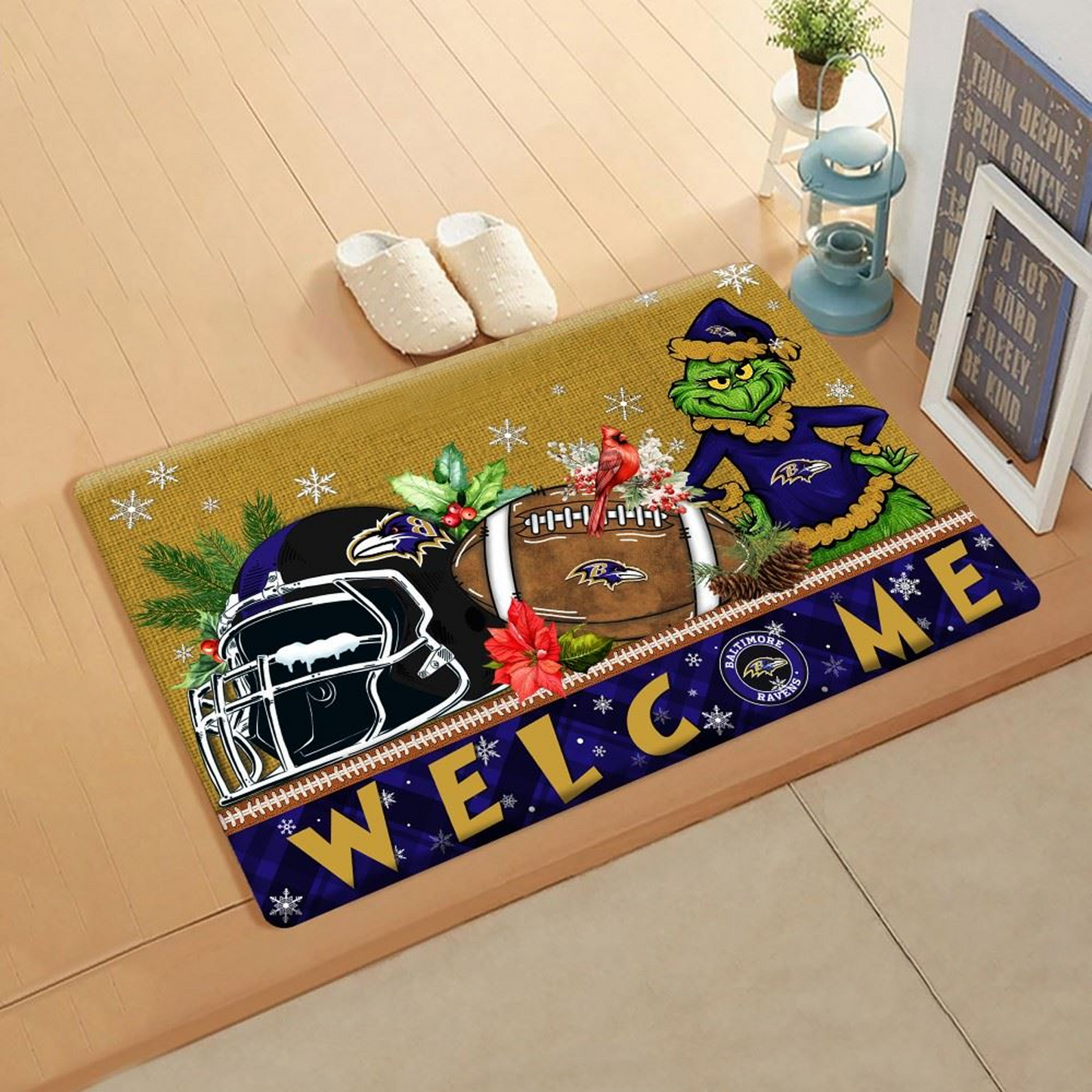 NFL x BAL Doormat Grinch Christmas Welcome FOOTBALL NDT TDT