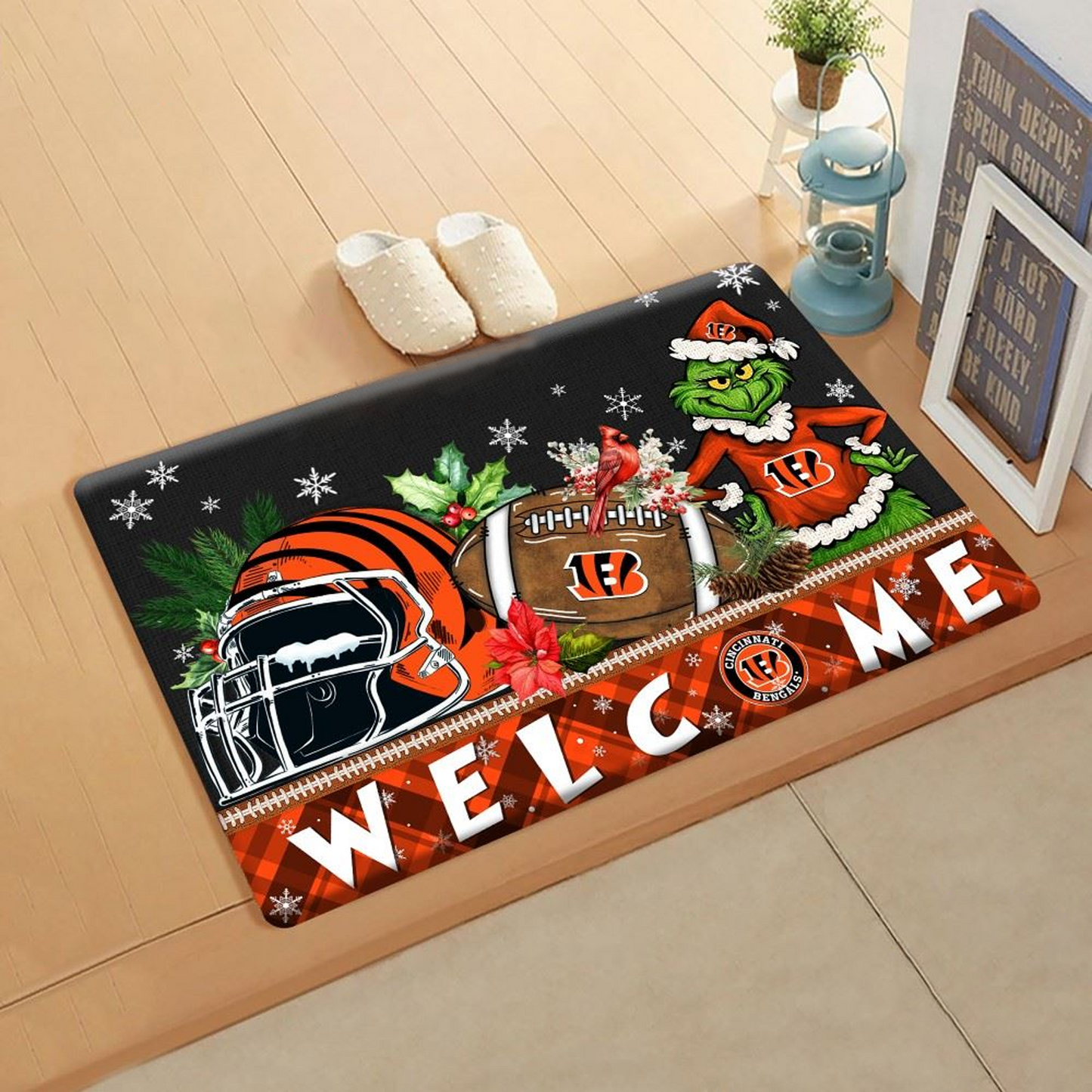 NFL x CIN Doormat Grinch Christmas Welcome FOOTBALL NDT TDT
