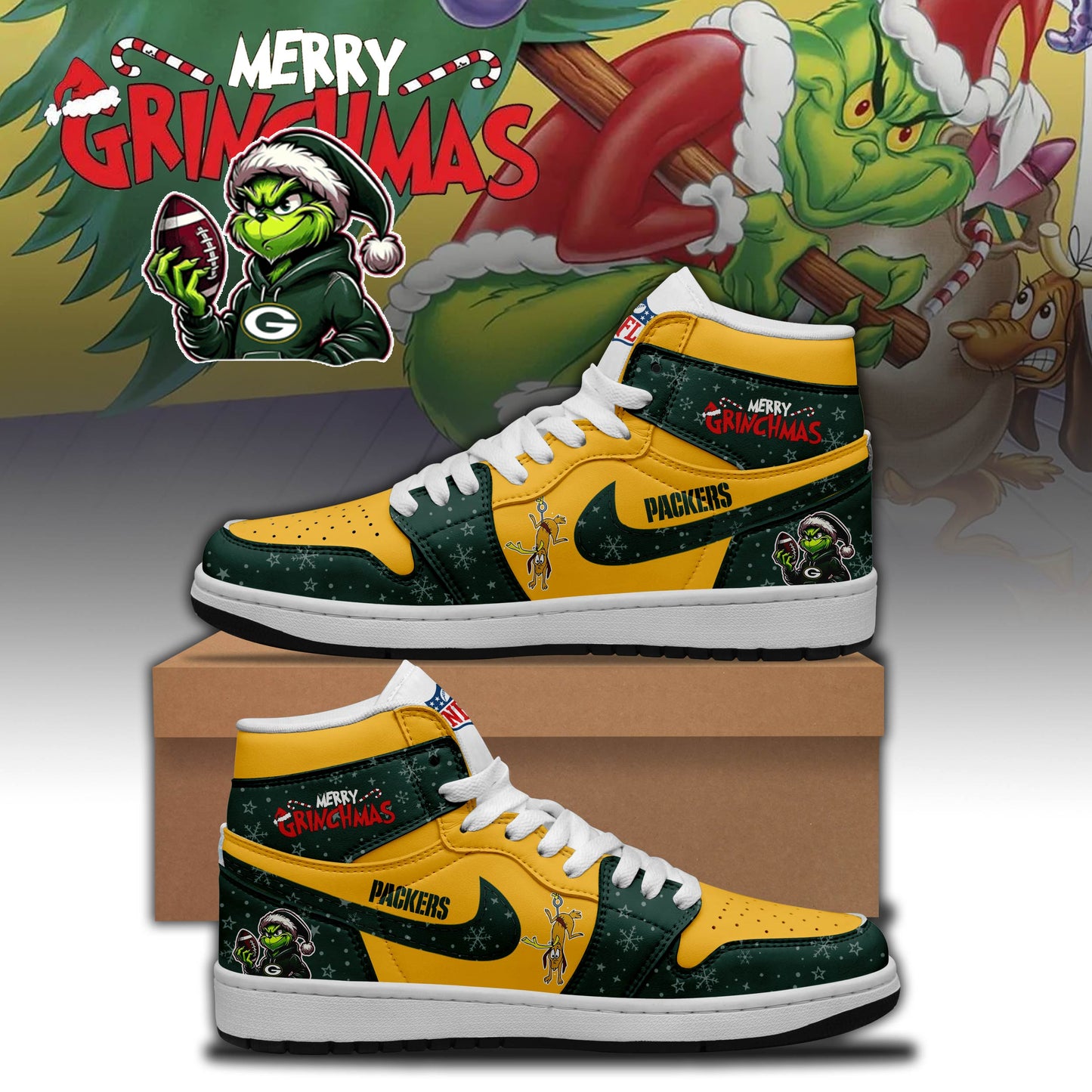 NFL x GB Merry Grinchmas Premium AJ1 MID Sneaker HLP HLPHUONG