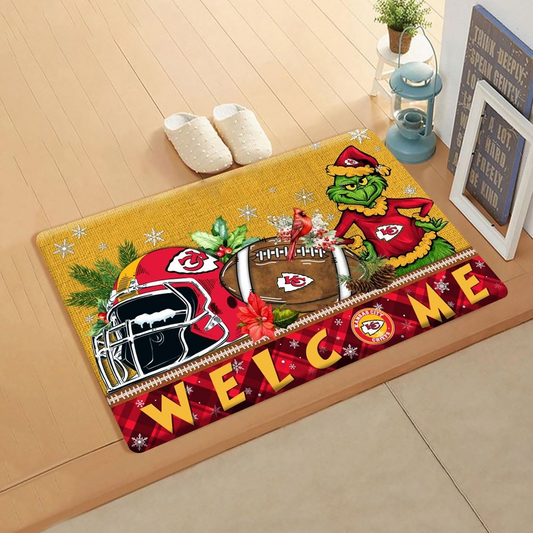 NFL x KC Doormat Grinch Christmas Welcome FOOTBALL NDT TDT