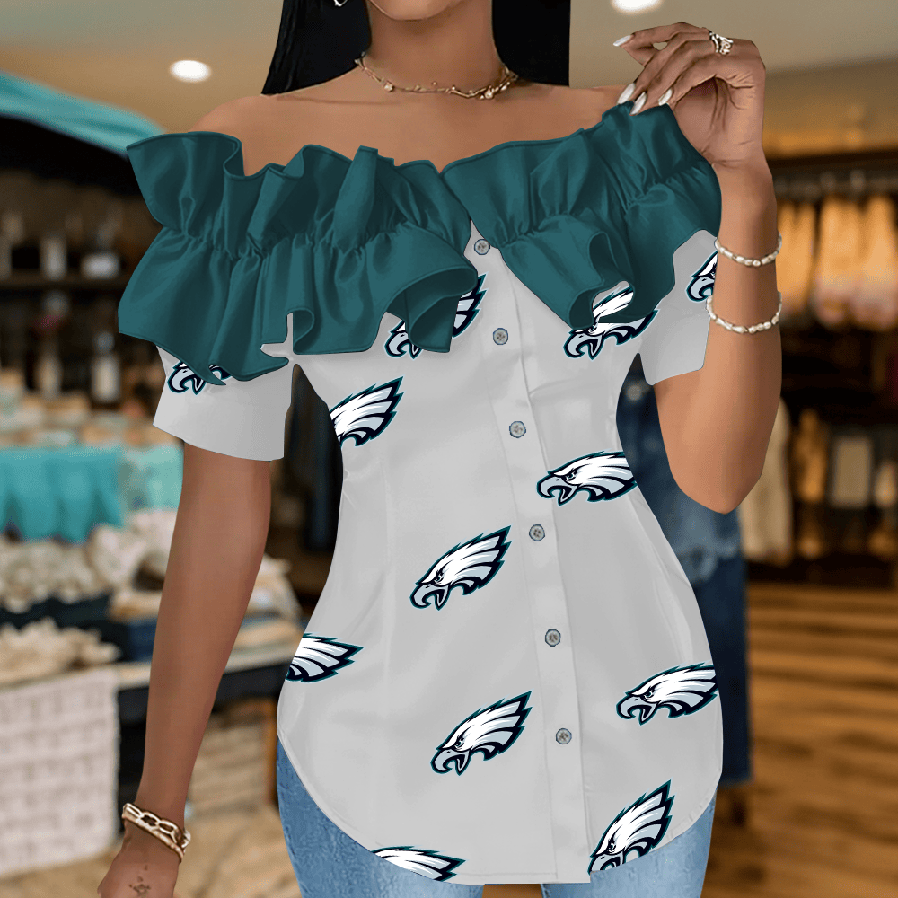 PE Premium NFL Women Ruffle Off-Shoulder Blouse DDT CTND