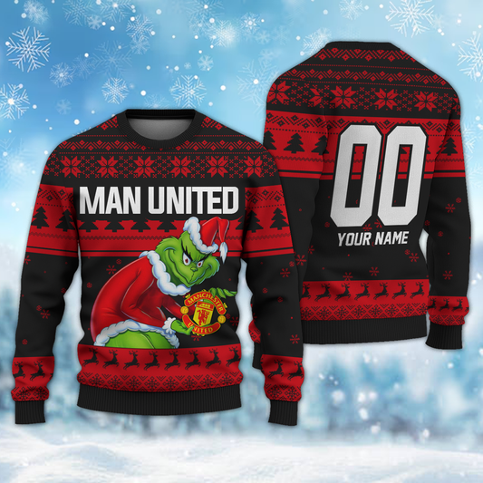 Personalized Name & Number MANU - Grinch Christmas Ugly Sweater DDT NTL