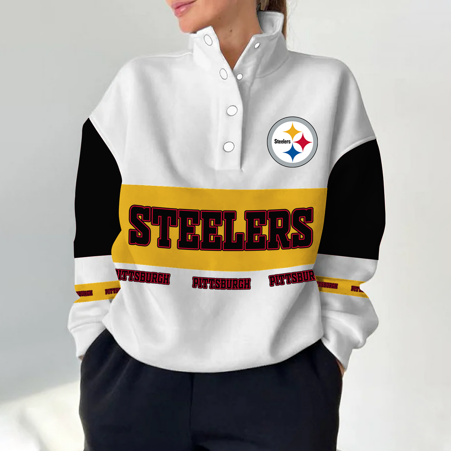 PIT x NFL Women's Retro Casual Snap Mockneck Pullover DATND TANTD