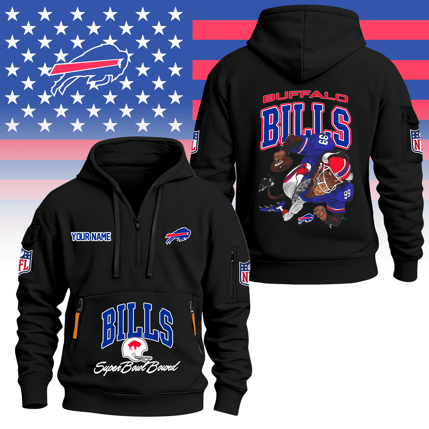 Premium NFL BUF Super Bowl Hoodie Half Zipper V1 NMD TTV