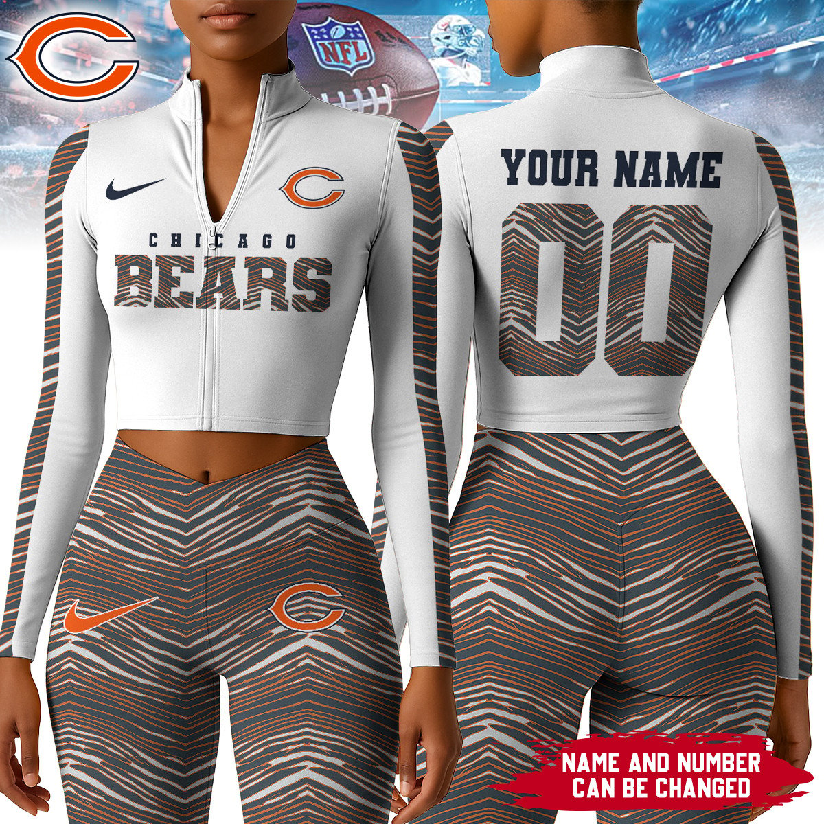 Premium NFL CHI Long-Sleeve Crop Top Sports Jacket and Leggings V1 NMD TTV