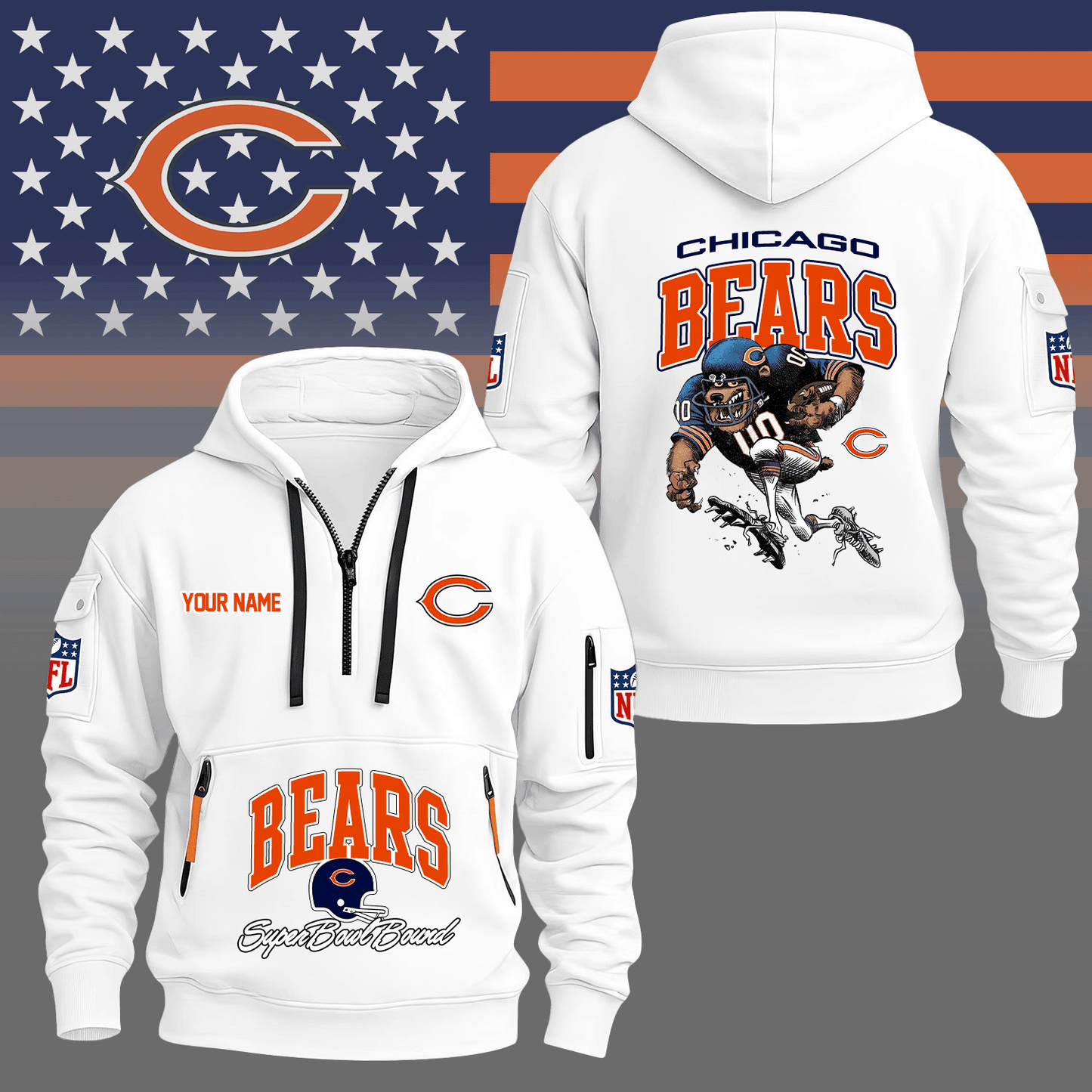 Premium NFL CHI Super Bowl Hoodie Half Zipper V1 NMD TTV