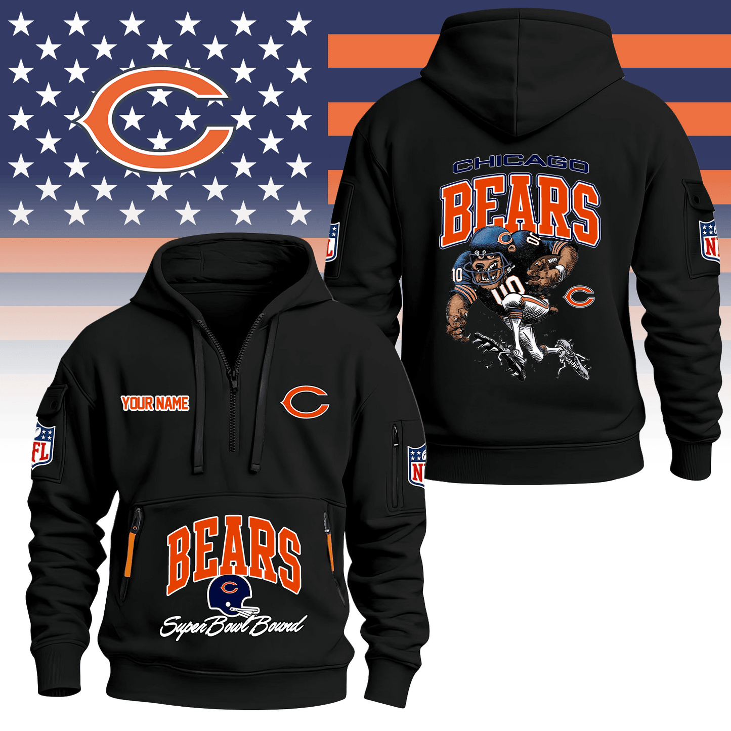 Premium NFL CHI Super Bowl Hoodie Half Zipper V1 NMD TTV