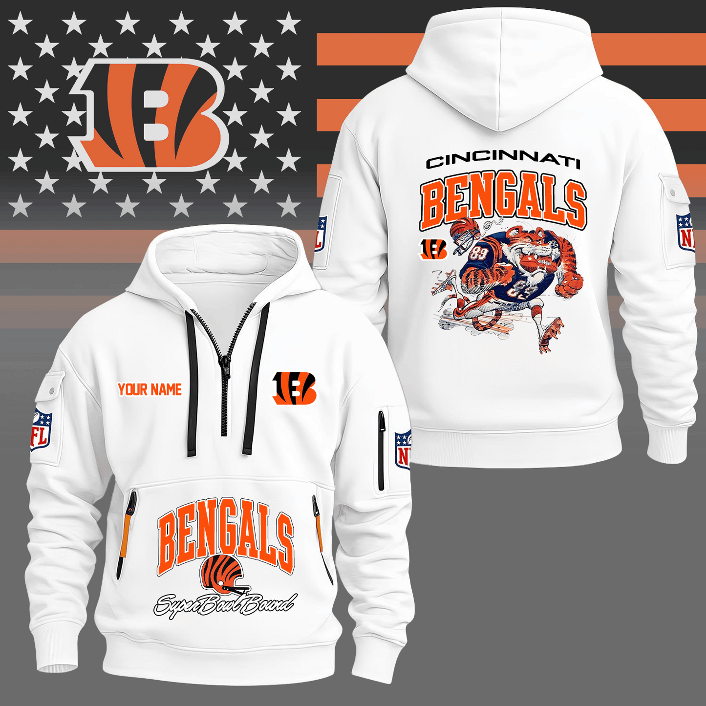 Premium NFL CIN Super Bowl Hoodie Half Zipper V1 NMD TTV