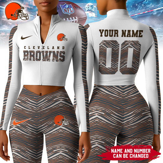 Premium NFL CLE Long-Sleeve Crop Top Sports Jacket and Leggings V1 NMD TTV