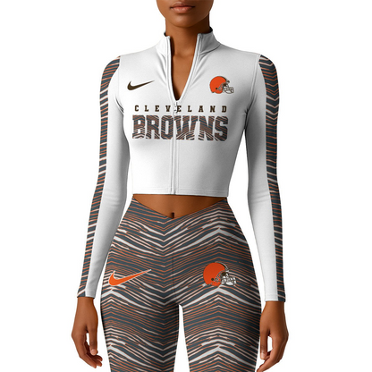 Premium NFL CLE Long-Sleeve Crop Top Sports Jacket and Leggings V1 NMD TTV
