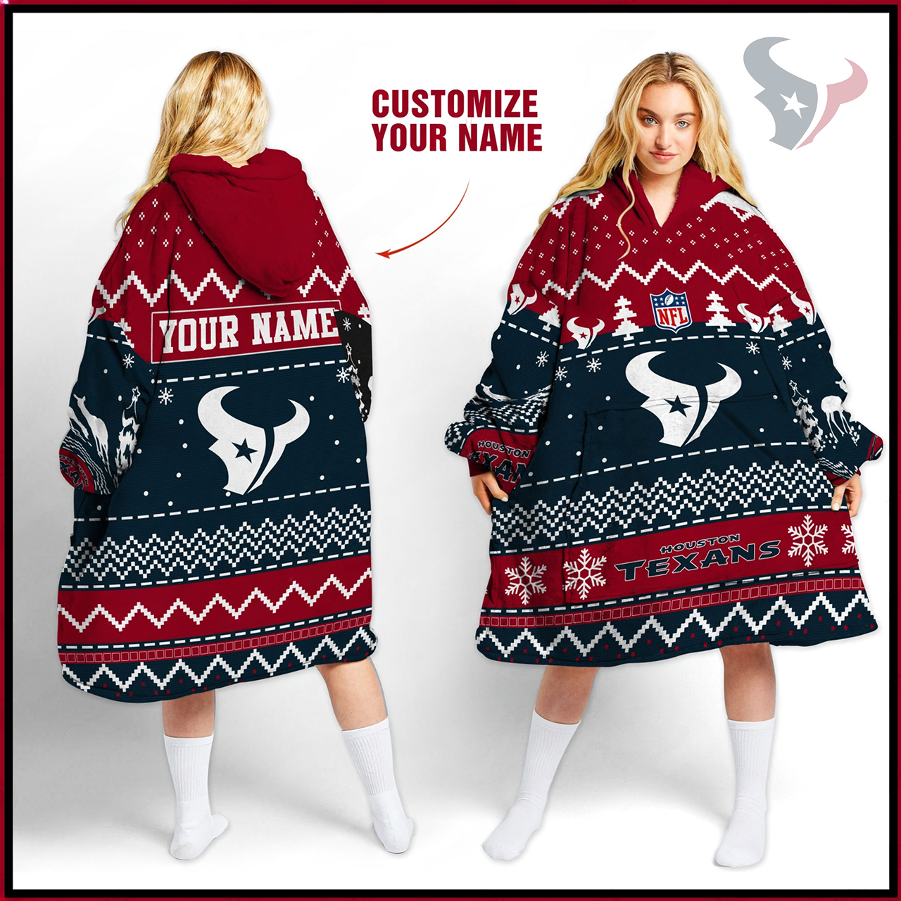 Premium NFL HOU Merry Christmast Fleece Hoodie Blanket V1 NMD TTV