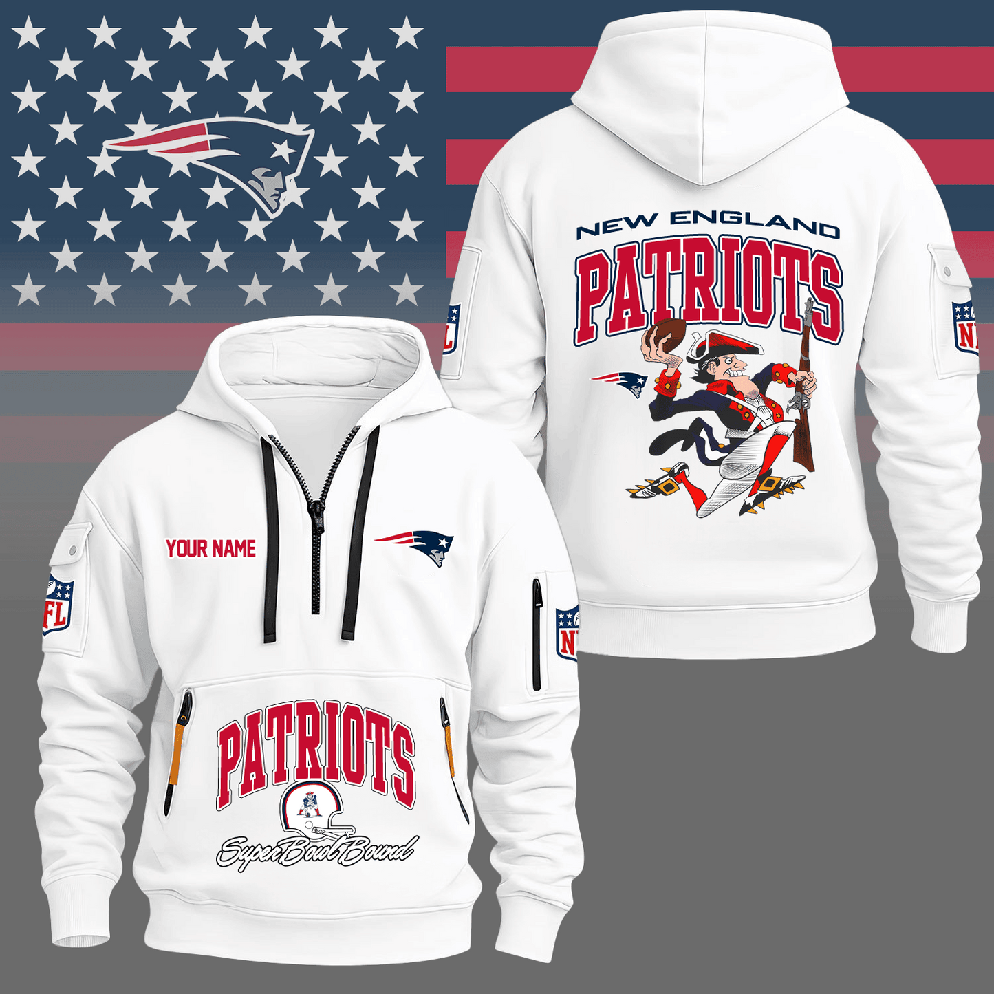 Premium NFL NE Super Bowl Hoodie Half Zipper V1 NMD TTV