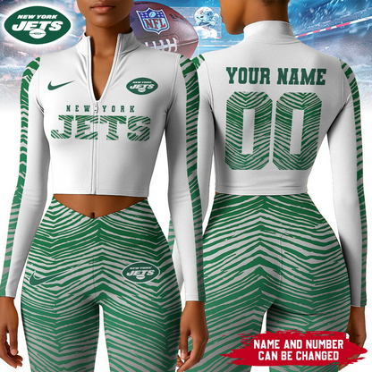 Premium NFL NYJ Long-Sleeve Crop Top Sports Jacket and Leggings V1 NMD TTV