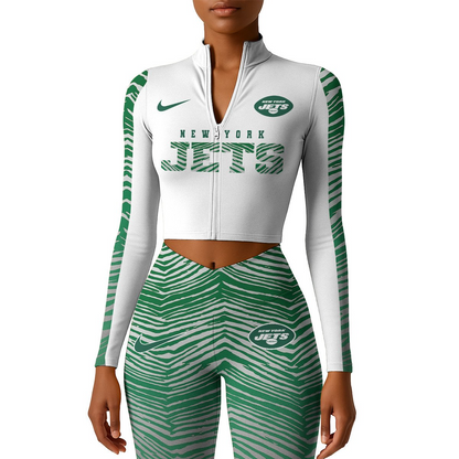 Premium NFL NYJ Long-Sleeve Crop Top Sports Jacket and Leggings V1 NMD TTV