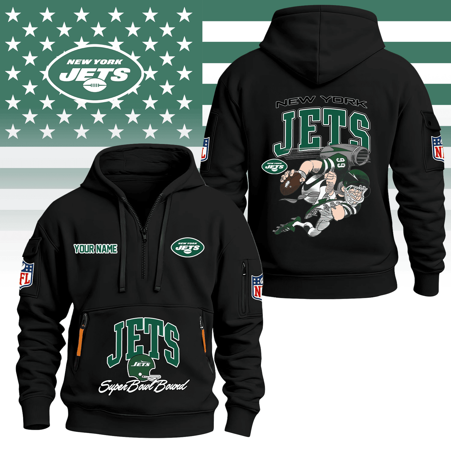 Premium NFL NYJ Super Bowl Hoodie Half Zipper V1 NMD TTV