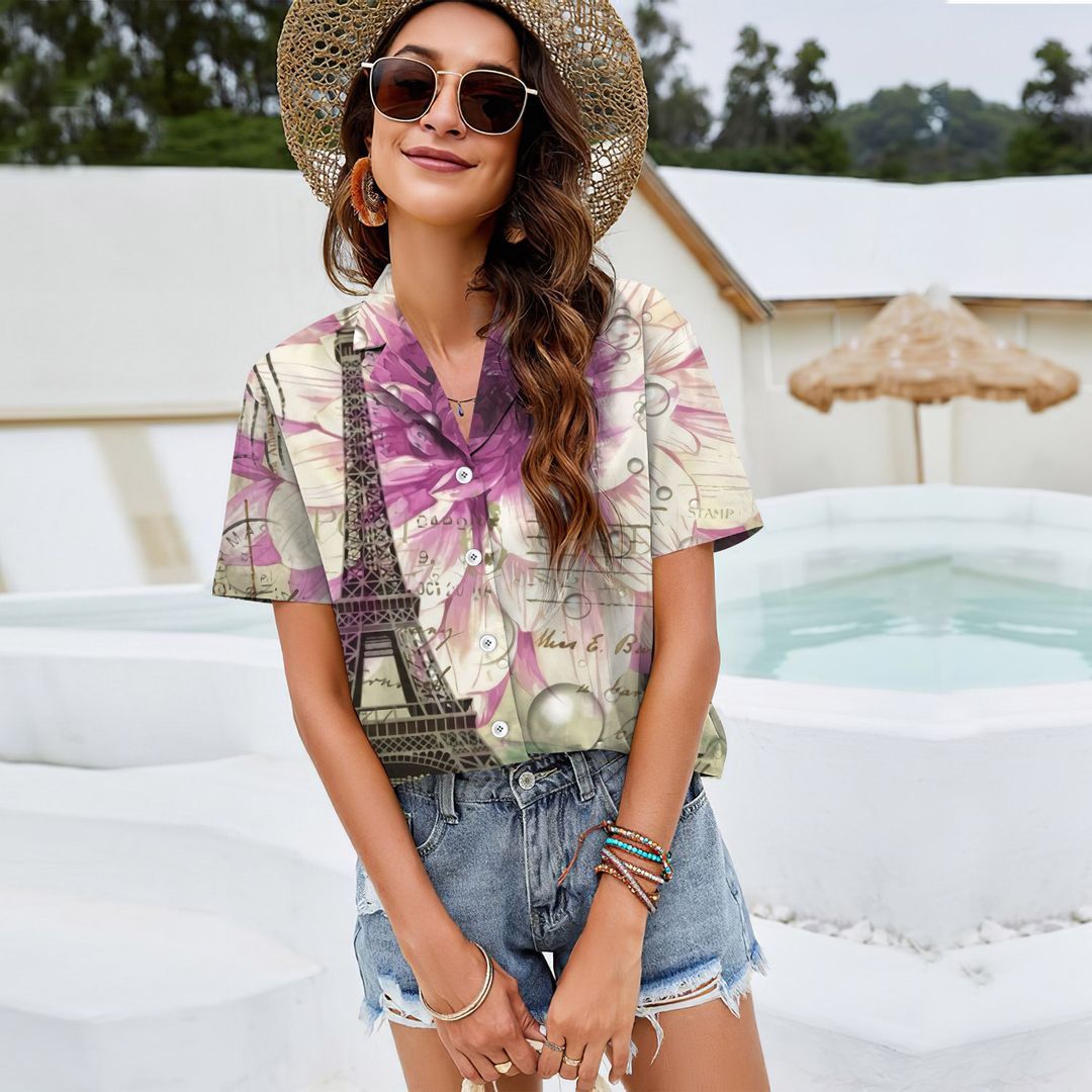 Floral Paris Eiffel Tower Art Women Casual Shirt |Hawaiian Shirt | Short Sleeve Shirt