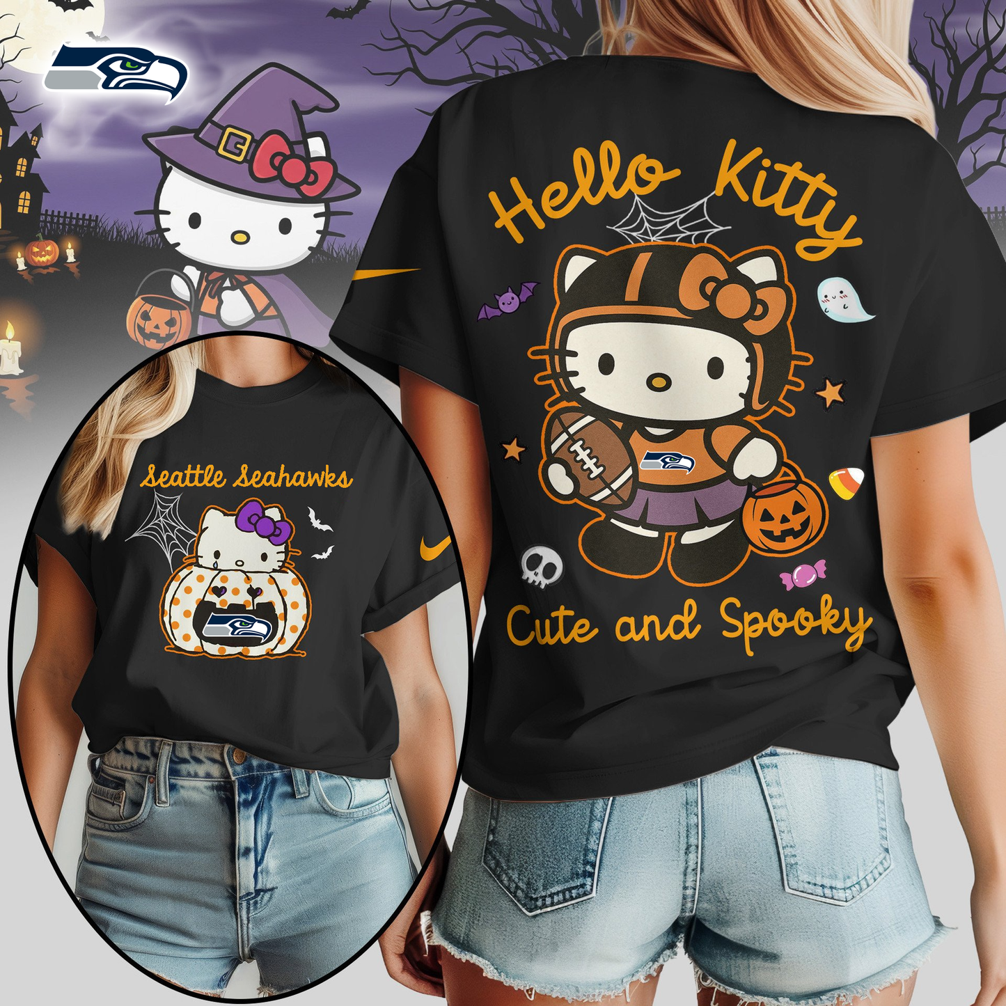 SS Premium NFL Hello Kitty Cute & Spooky Halloween Women Shirt DDT CTND