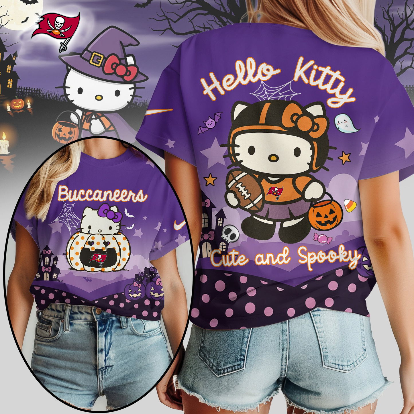 TBB Premium NFL Hello Kitty Cute & Spooky Halloween Women Shirt DDT CTND