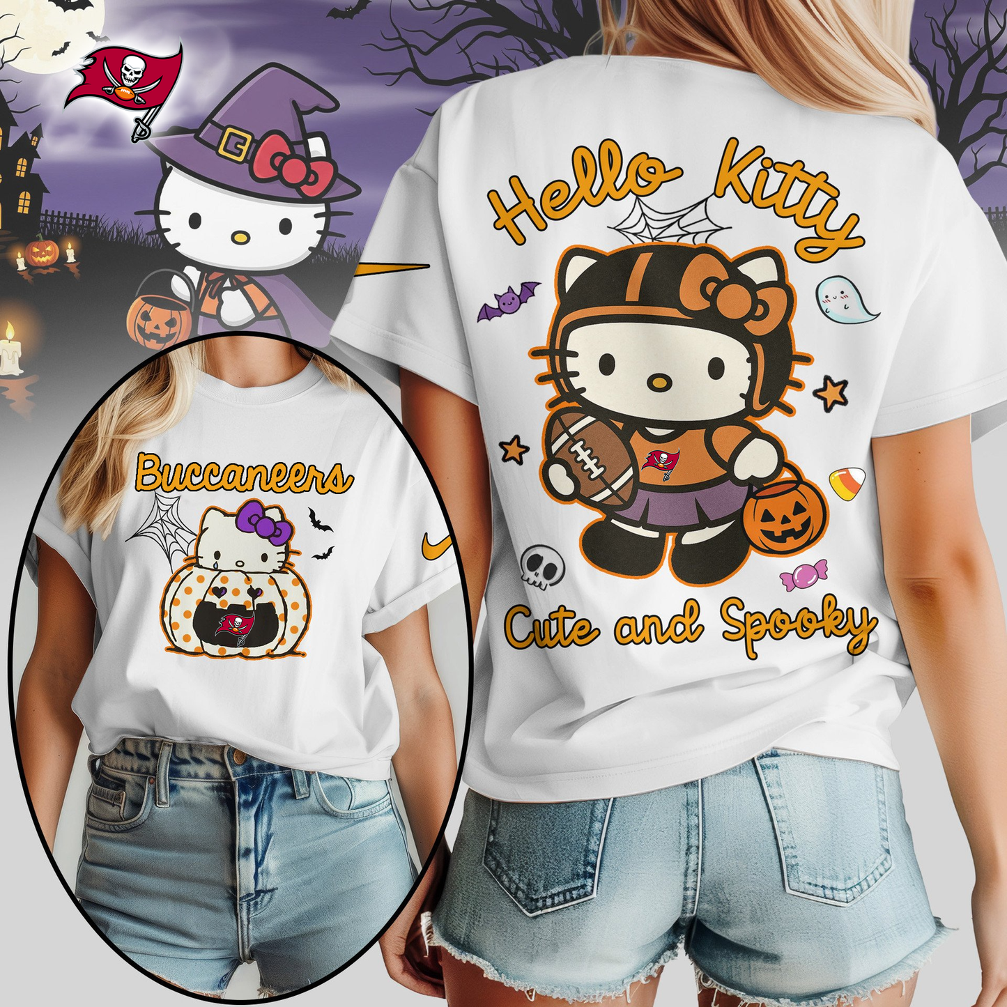 TBB Premium NFL Hello Kitty Cute & Spooky Halloween Women Shirt DDT CTND