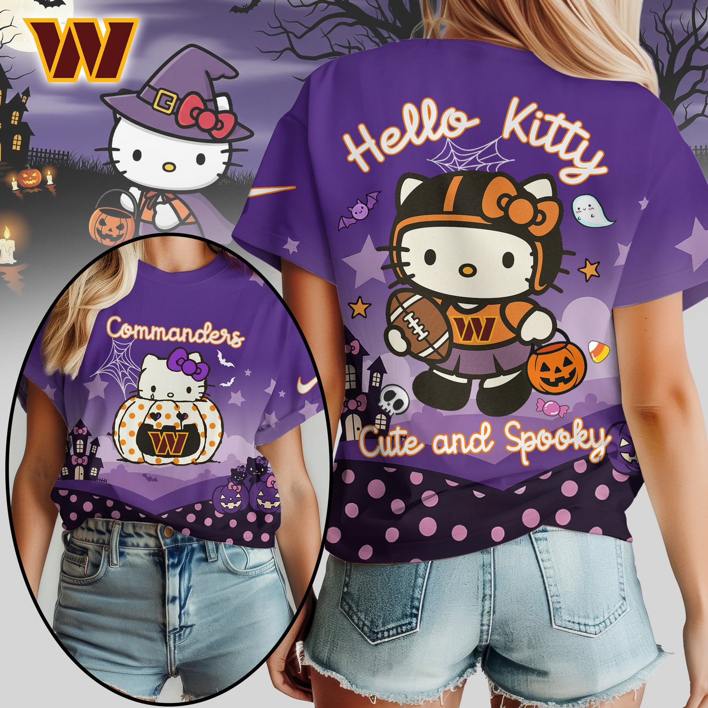 WC Premium NFL Hello Kitty Cute & Spooky Halloween Women Shirt DDT CTND