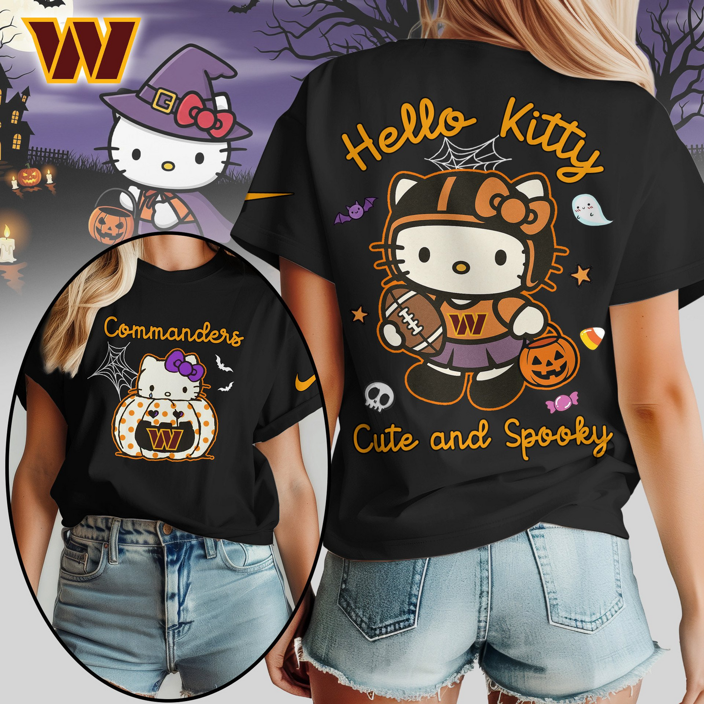 WC Premium NFL Hello Kitty Cute & Spooky Halloween Women Shirt DDT CTND