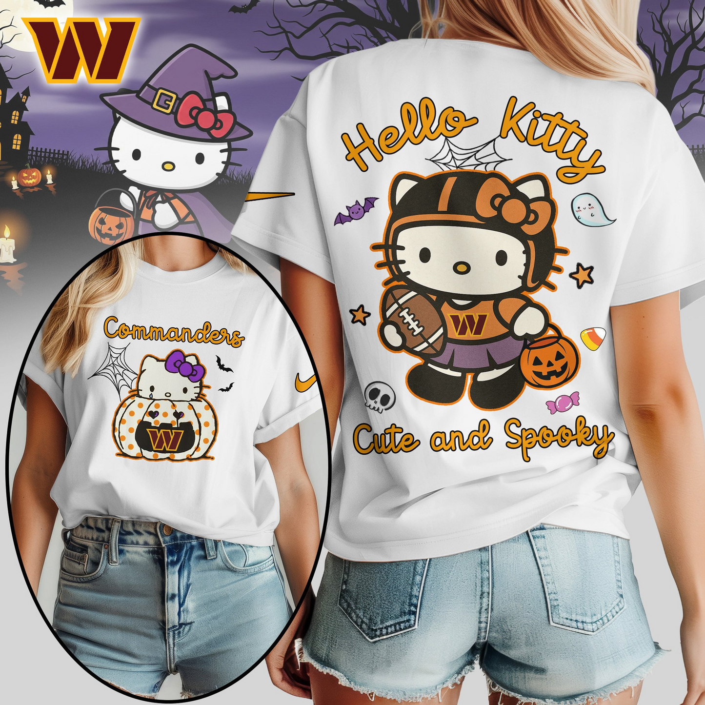 WC Premium NFL Hello Kitty Cute & Spooky Halloween Women Shirt DDT CTND