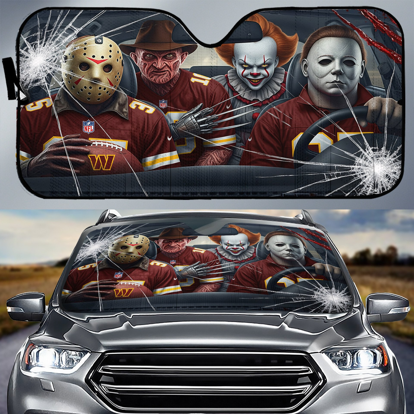 WC x NFL Horror Car Sunshade For Fan DDT CTND